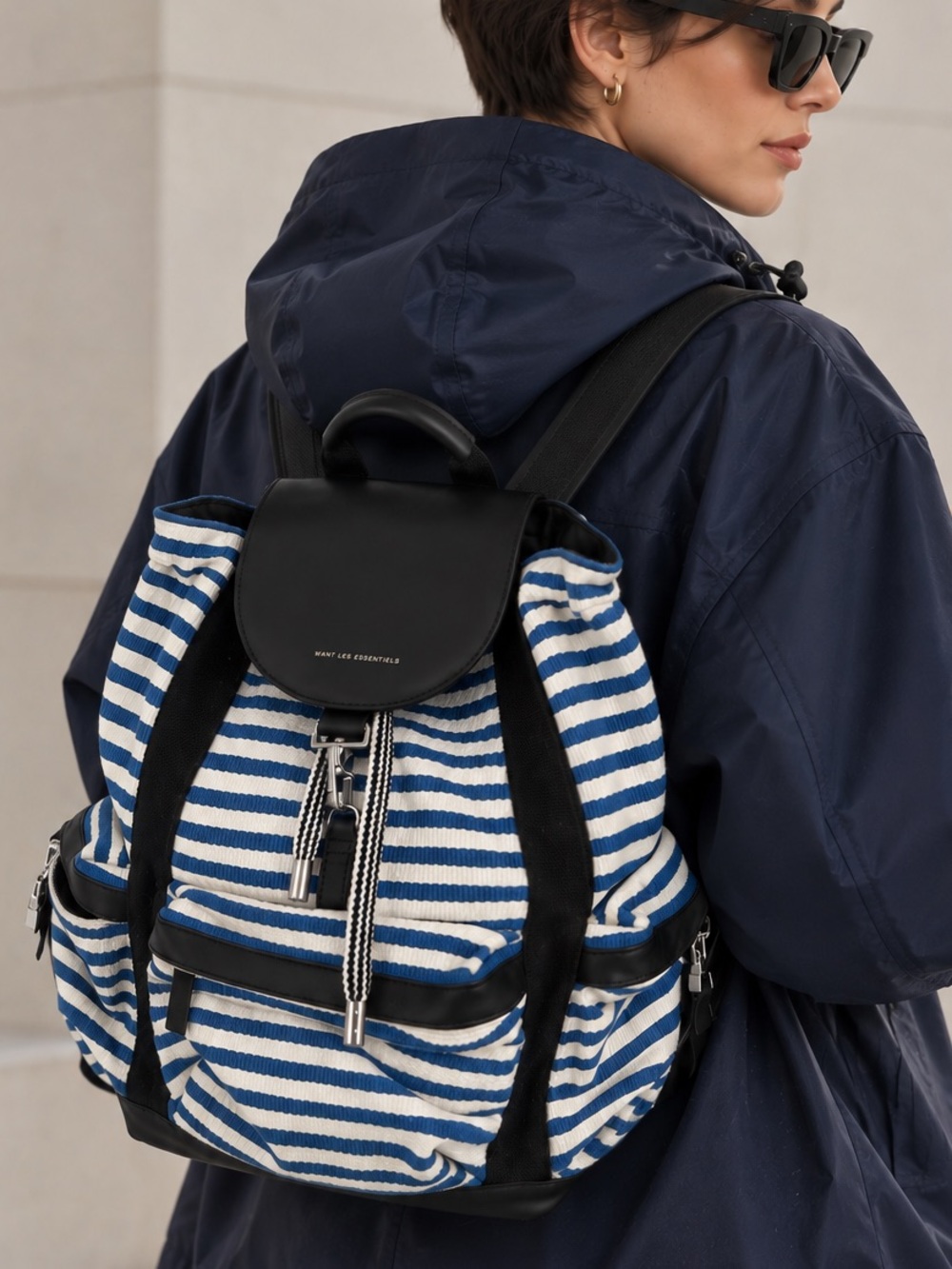 Want Les Essentiels blue and white striped canvas backpack with leather trim